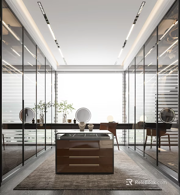 Modern Walk-in Closet with Glass Doors Large Window Dressing Table Mirrors and Plants 3d model 