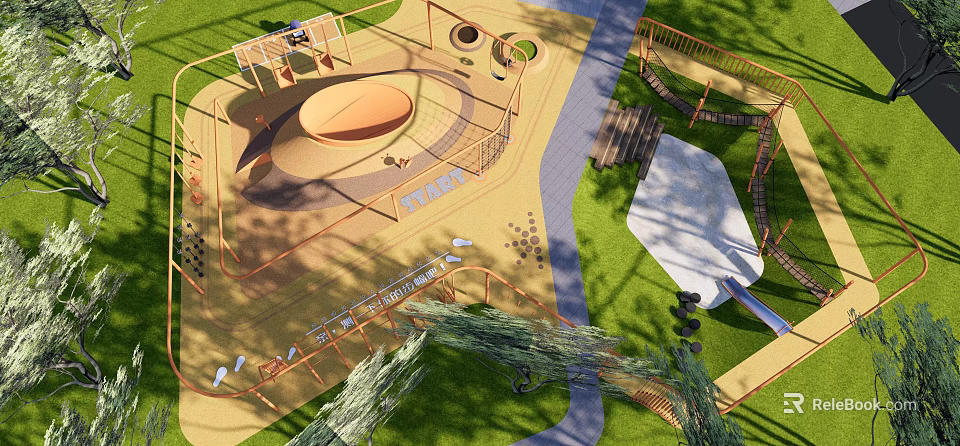 Outdoor Kids Playground with Sandpit Climbing Structures Green Lawn and Pathway 3d model 