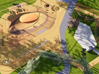 Outdoor Kids Playground with Sandpit Climbing Structures Green Lawn and Pathway 3d model