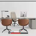 Modern Office Desk With Computer Monitor Desk Lamp Brown And Gray Chairs And Cabinet