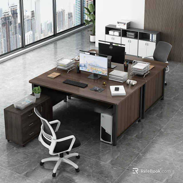 Modern Office Desk Setup With Computer Monitor Keyboard Files Potted Plant And City View Window 3d model 