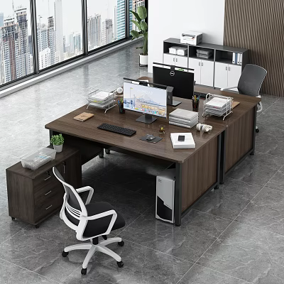 Modern Office Desk Setup With Computer Monitor Keyboard Files Potted Plant And City View Window 3d model