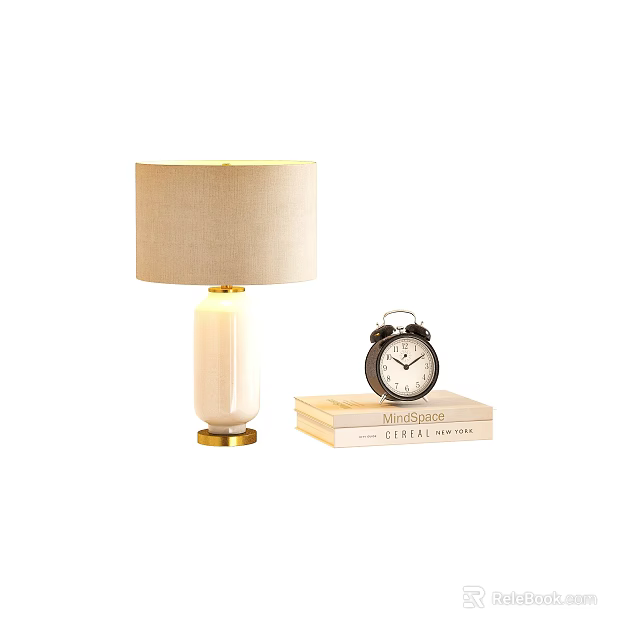 White Ceramic Table Lamp with Gold Stem Beige Shade and Black Alarm Clock on Books 3d model 