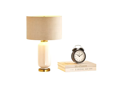 White Ceramic Table Lamp with Gold Stem Beige Shade and Black Alarm Clock on Books 3d model