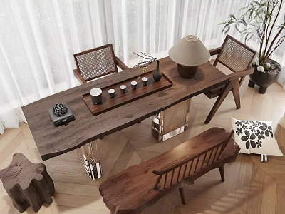 Solid Wood Tea Table and Chairs in Natural Style with Tea Sets and Table Lamp 3d model