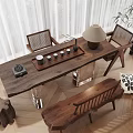 Solid Wood Tea Table and Chairs in Natural Style with Tea Sets and Table Lamp 3d model