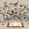 Open Book with Flying Doodle Style Musical Instruments and Art Supplies Symbols