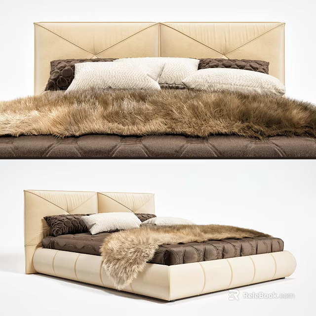 Double Bed With Beige Brown Upholstered Headboard White Brown Pillows And Soft Fur Blanket 3d model 