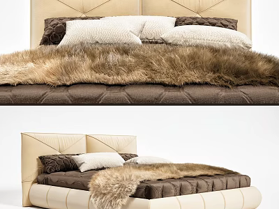 Double Bed With Beige Brown Upholstered Headboard White Brown Pillows And Soft Fur Blanket 3d model