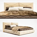 Double Bed With Beige Brown Upholstered Headboard White Brown Pillows And Soft Fur Blanket