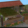 Garden Landscape Design with Red Tile Roof Pergola Green Vines Stone Path and Colorful Flowers