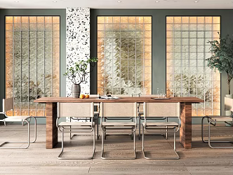 Nordic Restaurant Home Dining Table and Chair Casual Chair Casual Table and Chair Dining Table Vase Flower Pot Plant 3d model