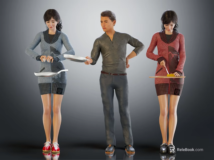 Group of Three People Standing Holding Items in Different Colored Clothing 3d model 