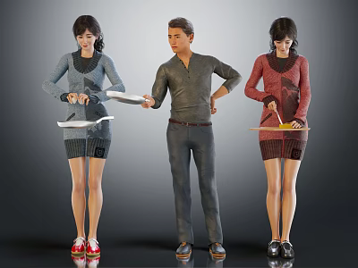 Group of Three People Standing Holding Items in Different Colored Clothing 3d model