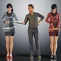 Group of Three People Standing Holding Items in Different Colored Clothing