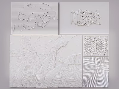White 3D Relief Sofa Background Wall With Leaf Patterns And Plant Textures 3d model