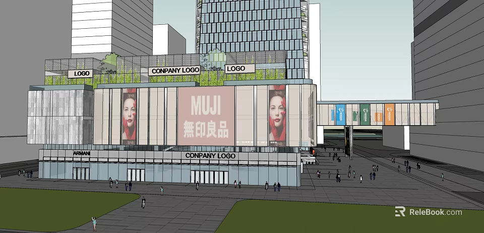 Modern Commercial Complex with MUJI Storefront Company Logos Glass Facade Green Rooftop and Crowded Plaza 3d model 