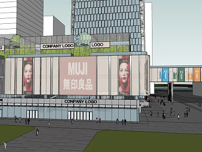 Modern Commercial Complex with MUJI Storefront Company Logos Glass Facade Green Rooftop and Crowded Plaza 3d model