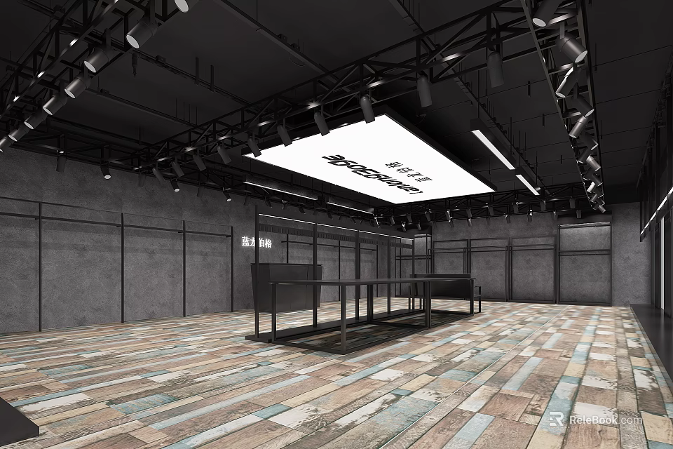 Modern Industrial Clothing Store Interior With Display Racks Wooden Floor And Ceiling Lights 3d model 
