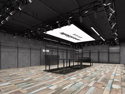 Modern Industrial Clothing Store Interior With Display Racks Wooden Floor And Ceiling Lights 3d model