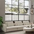 Modern Open Concept Living Dining Room Interior With Large Windows White Sofa And Black Fireplace