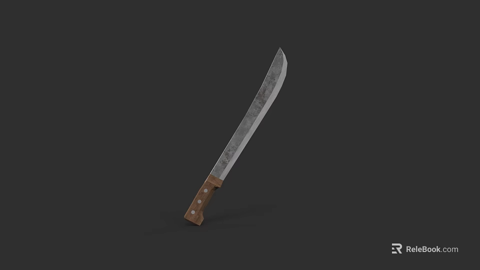 Long Bladed Machete Weapon With Wooden Handle And Metal Rivets On Dark Background 3d model 
