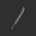 Long Bladed Machete Weapon With Wooden Handle And Metal Rivets On Dark Background