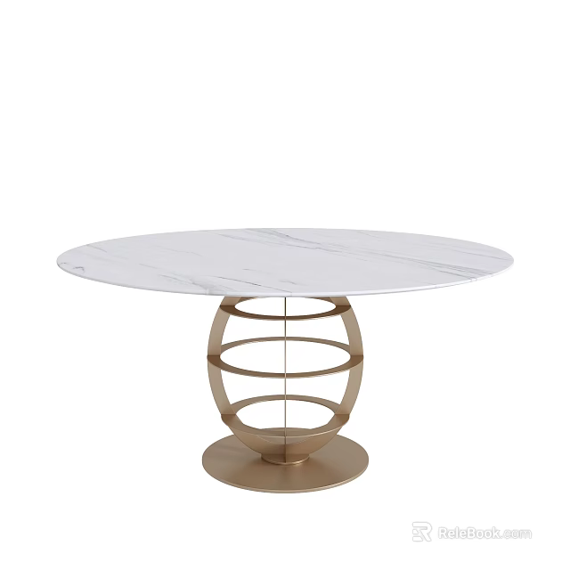 Modern Round Dining Table With White Marble Tabletop And Gold Ring Design Base 3d model
