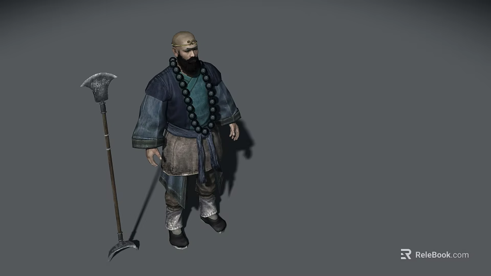 Game Movie Character Bald Head Beard In Blue Dark Outfit Green Beads And Long Weapon 3d model 