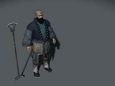 Game Movie Character Bald Head Beard In Blue Dark Outfit Green Beads And Long Weapon 3d model