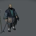 Game Movie Character Bald Head Beard In Blue Dark Outfit Green Beads And Long Weapon