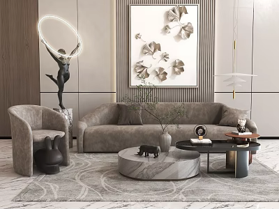 Modern Elegant Sofa and Coffee Table Set with Marble Top Artwork and Lighting 3d model