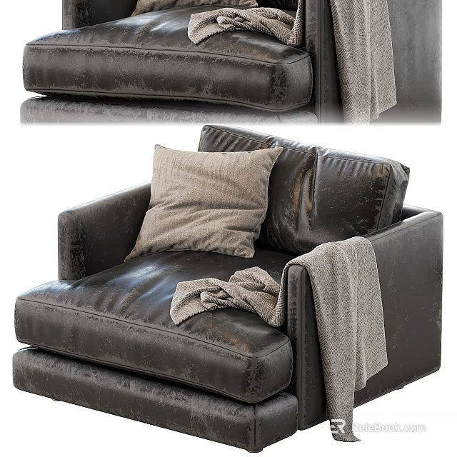 Comfortable Black Leather Accent Chair with Soft Light Gray Pillow and Cozy Gray Throw Blanket 3d model 