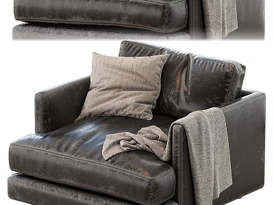 Comfortable Black Leather Accent Chair with Soft Light Gray Pillow and Cozy Gray Throw Blanket 3d model