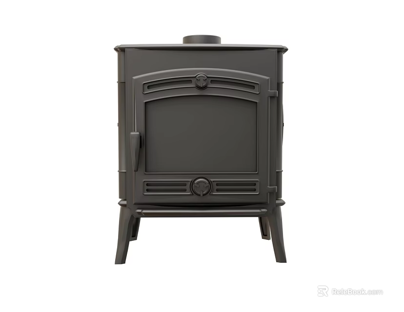 Black Cast Iron Stove With Classic Design And Decorative Front Panel Details 3d model 