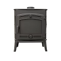 Black Cast Iron Stove With Classic Design And Decorative Front Panel Details