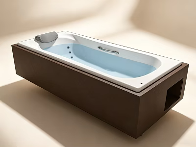 Modern Bathtub Design with Dark Wooden Frame White Interior Massage Jets and Soft Towel 3d model