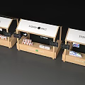 Three Wooden Retail Kiosks Side By Side With Awnings Displaying Boxed Products