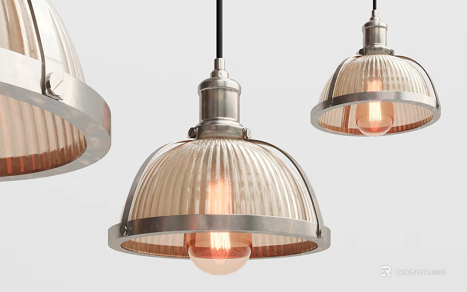 Modern Style Pendant Lights With Ribbed Shades Metal Frames And Warm Light Bulbs 3d model 
