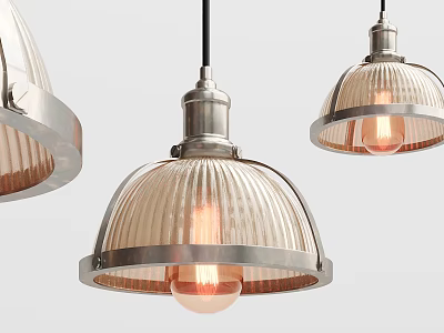 Modern Style Pendant Lights With Ribbed Shades Metal Frames And Warm Light Bulbs 3d model