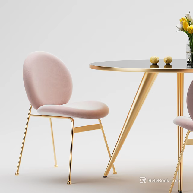 Stylish Round Black Table with Gold Legs and Pink Velvet Chairs Set 3d model 