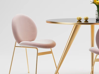Stylish Round Black Table with Gold Legs and Pink Velvet Chairs Set 3d model