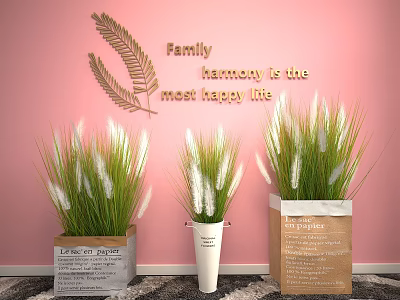 White Fluffy Grass Plants in Grey White and Brown Planters Against Pink Wall with Golden Leaf Art 3d model