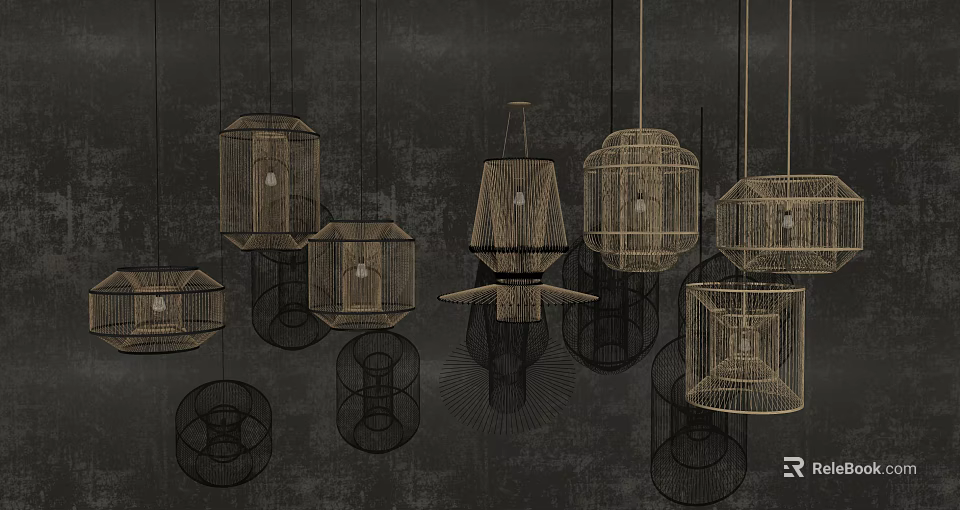 Modern Geometric Chandeliers With Metal Frame Hanging In Decorative Interior Design 3d model 