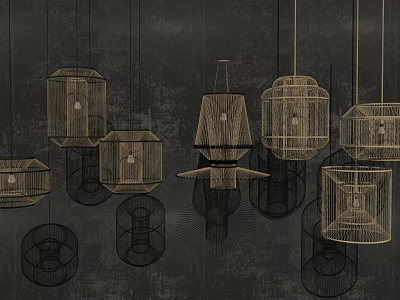 Modern Geometric Chandeliers With Metal Frame Hanging In Decorative Interior Design 3d model