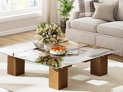 Glass Top Coffee Table with Wooden Legs and Decorative Items in Modern Living Room 3d model