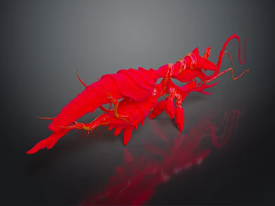 3D Rendered Red Shrimp Character With Long Antennae Legs On Dark Reflective Background 3d model