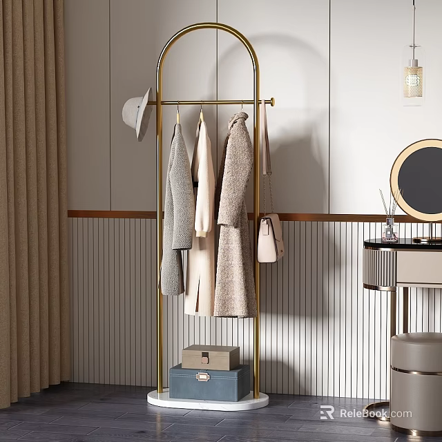 Elegant Modern Clothes On Gold Metal Rack In Stylish Cloakroom With Mirror And Hat 3d model 