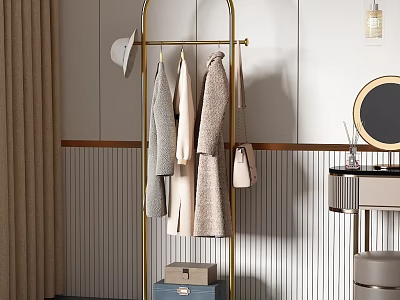 Elegant Modern Clothes On Gold Metal Rack In Stylish Cloakroom With Mirror And Hat 3d model