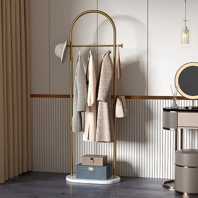 Elegant Modern Clothes On Gold Metal Rack In Stylish Cloakroom With Mirror And Hat 3d model